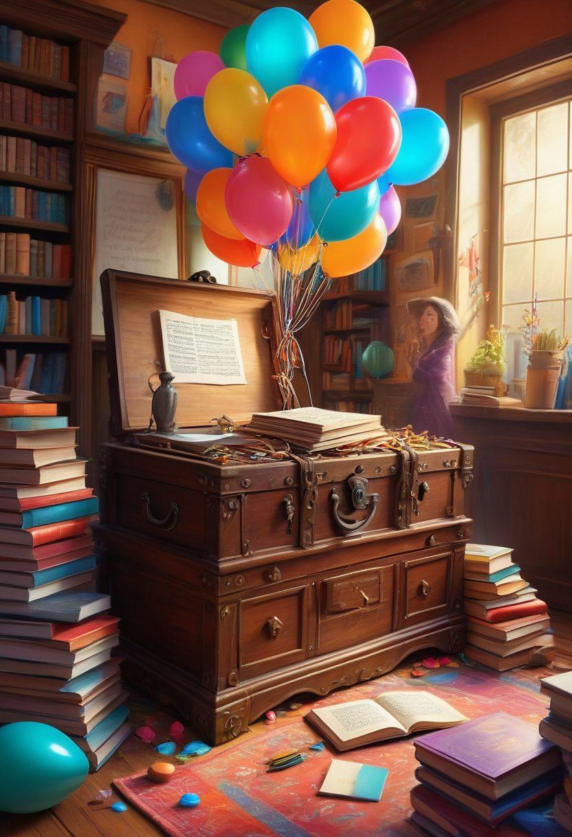 A whimsical illustration of a massive, ancient key unlocking a vibrant treasure chest filled with colorful books, balloons of synonyms floating around, and a writer’s desk in the background. The scene exudes creativity and inspiration with hints of a library and quill pens scattered about. Bright and inviting colors with an enchanting atmosphere. digital painting. vibrant colors. whimsical style.
