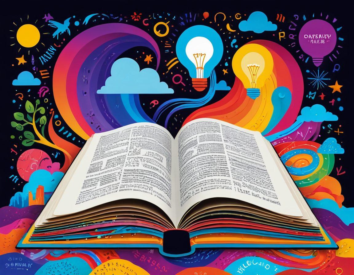 A visually enticing open thesaurus book with colorful, flowing words spiraling around it, symbolizing the expansion of vocabulary. In the background, a vibrant abstract landscape representing creativity and exploration, with diverse word-related icons (like a lightbulb, question mark, and language symbols). The overall tone should evoke a sense of discovery and learning. super-realistic. vibrant colors. 3D.